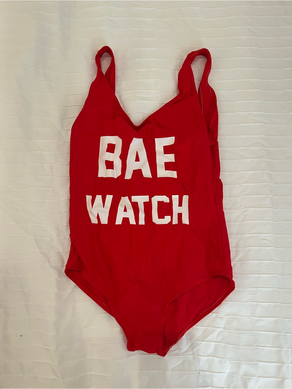 Red Graphic Swimsuit with 'BAE WATCH' Print open back size small